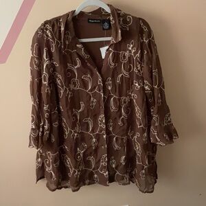 Maggie Barnes Brown Ruffled 3/4 Sleeve Blouse
